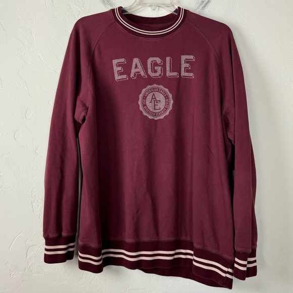 American Eagle Sweater Pullover Crew Neck Fleece Varisty Big Logo Maroon Red Top - Picture 1 of 7